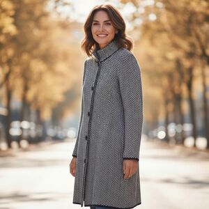 Gio & Gio Italy Black White Chevron Herringbone Knit Long Coat Cardigan Jacket L